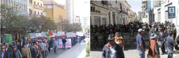 Imágenes de La Paz durante la mañana del 1 de mayo: (izda.) movilización de trabajadores; (dcha.) protección policial de la sede del Gobierno